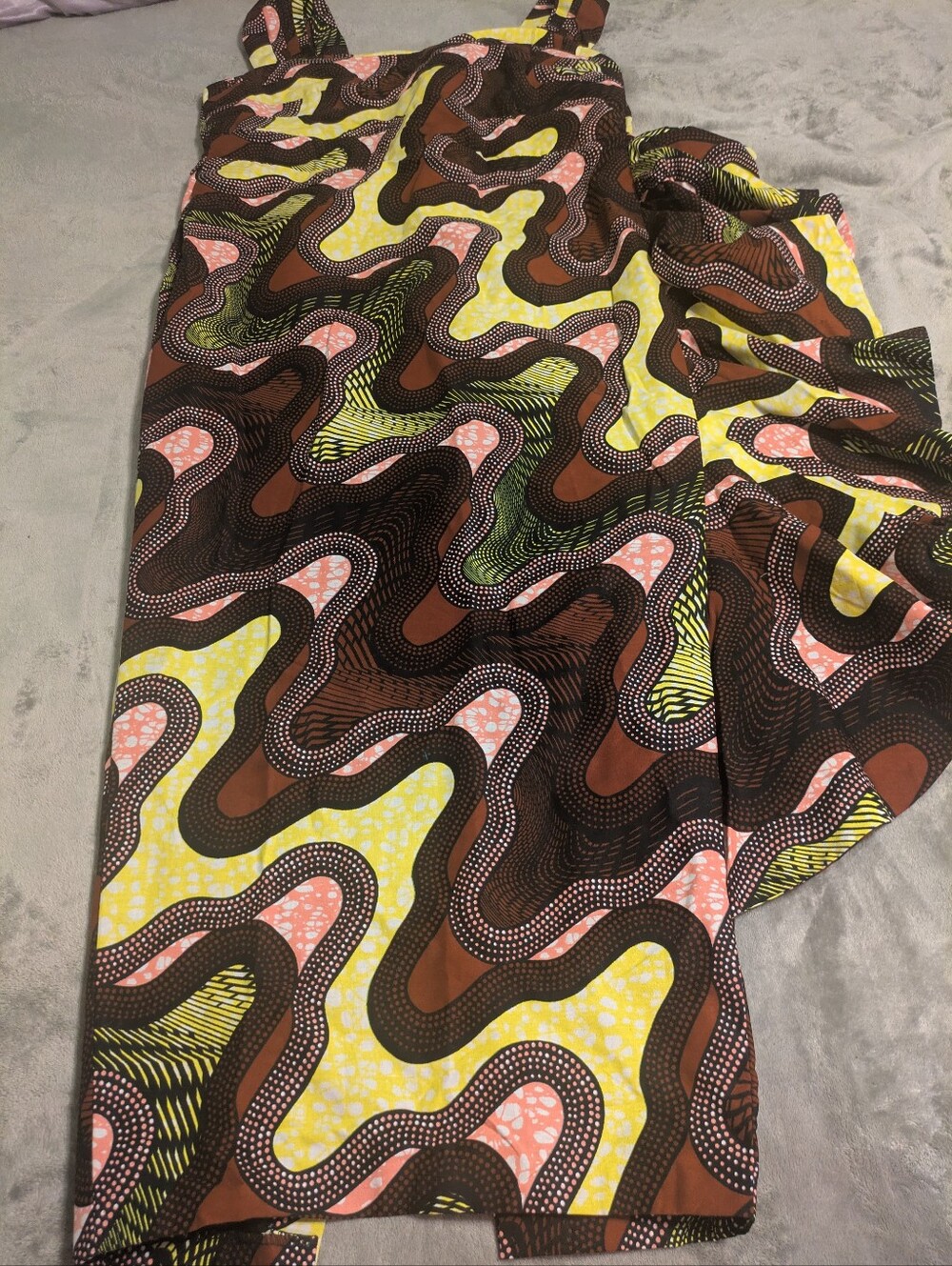 Handmade African Print Maxi Dress Ruffle Detail Brown Yellow Approx L